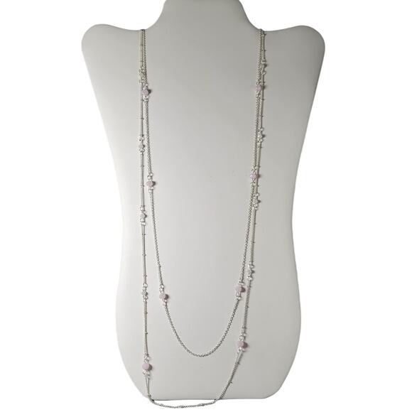 Lauren Conrad Silver Tone Pink & Cream Beaded Layered Necklace 32" +3" Extender - Picture 1 of 12